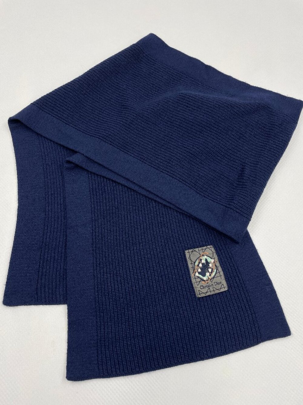 Christian Dior Vintage Lily-Of-The-Valley Patch Blue Wool Ribbed Wool Scarf OS